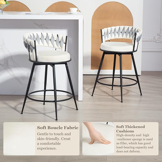 Swivel Bar Stools Set of 3, 24 Inches Modern Counter Height Bar Stools with Woven Back, White Upholstered Suede Tall Barstools for Kitchen Island, Cafe