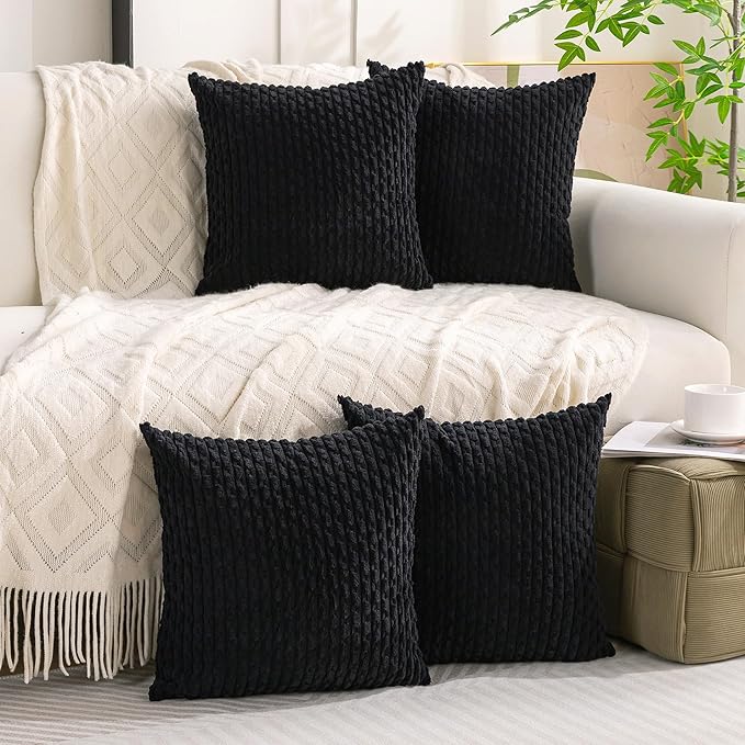 Set of 4 Black Decorative Throw Pillow Covers 16x16 Inch Corduroy Pillow Covers for Bed Couch Sofa Living Room Soft Square Cushion Cases