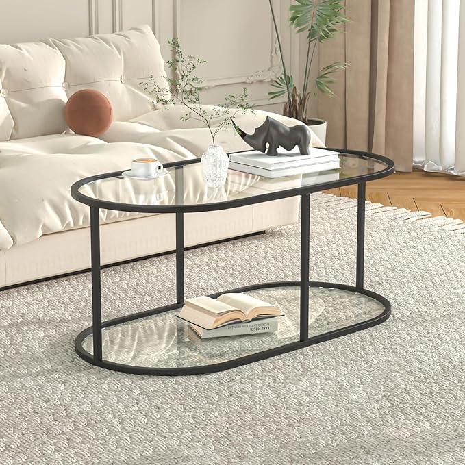 Coffee Table Black Glass Coffee Table for Living Room,2 Tiers Oval Center Table with Sturdy Metal Frame,Modern Tempered Glass Accent Table for Bedroom Home Office