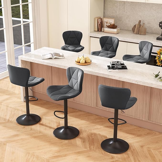 Bar Stools Set of 6,Adjustable Swivel Barstools, Faux Leather Bar Chairs,Upholstered Counter Height with High Backrest for Kitchen Island, Dark Grey