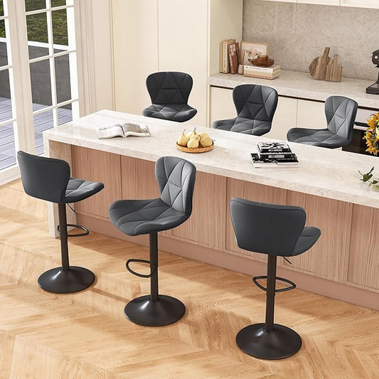 Bar Stools Set of 6,Adjustable Swivel Barstools, Faux Leather Bar Chairs,Upholstered Counter Height with High Backrest for Kitchen Island, Dark Grey