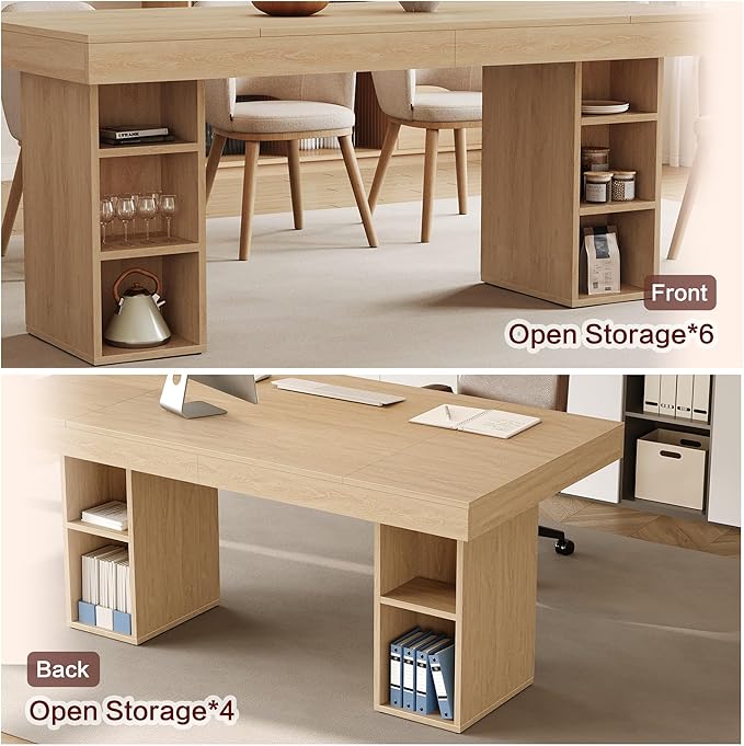 GarveeHome 63-Inch Rectangular Dining Table with Storage, Large Dining Table for 6 w/Large Tabletop & Sturdy Frame, Wooden Kitchen Table with Double Pedestal, for Dining Room, Office, Oak