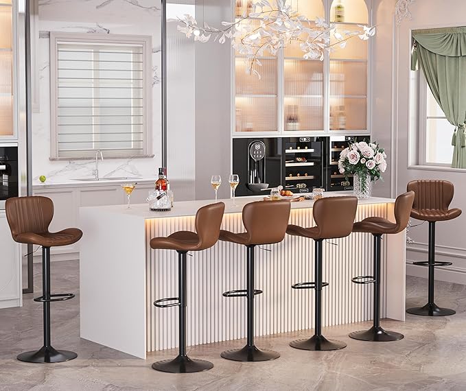 SUNLEI Swivel Swivel Bar Stools Set, Barstools Counter Height with Shell Shaped Backrest, Adjustable Moder Stools Pu Leather Bar Stool for Kitchen Counter, Island, Bars, Dining Room(Brown, Set of 6)