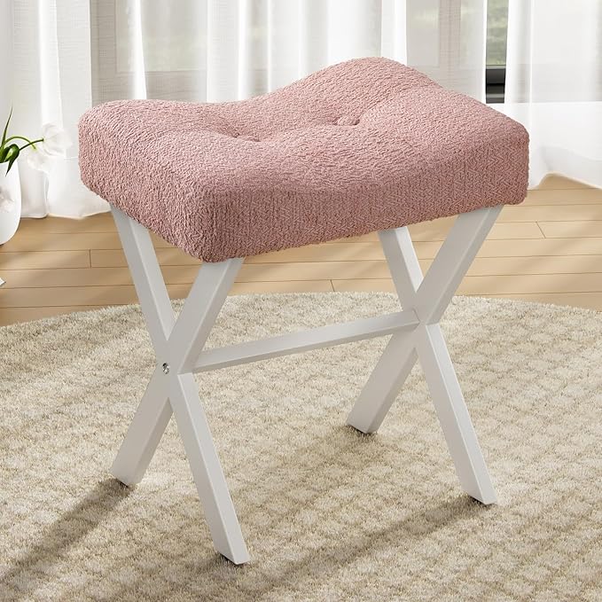 18-Inch Vanity Stool Chair, Vanity Bench with Metal X-Legs, Ottoman Accent Stool with Breathable and Soft Boucle Fabric Saddle Seat, Pink