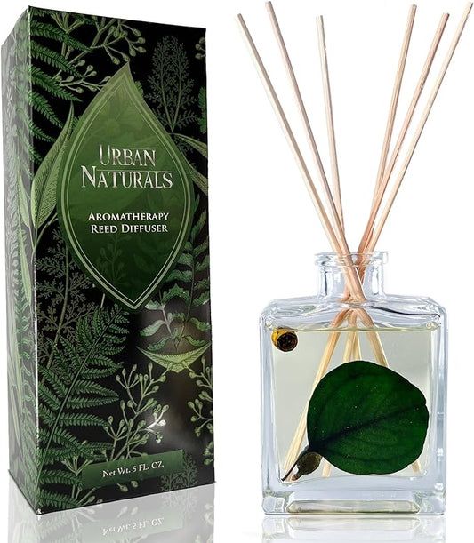 Urban Naturals Sandalwood & Eucalyptus Reed Diffuser Set – Made with Essential Oils & Real Botanicals – Sleek Rectangular Refillable Glass Bottle – Made in The USA