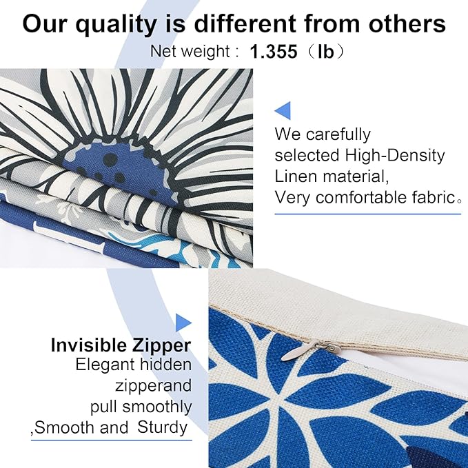 Decorative Throw Pillow Covers Set of 4 Blue Pillow Covers 22x22 inch Throw Pillow Cases Linen Square Pillow Case,Farmhouse Outdoor Modern Boho Pillow Covers for Couch Sofa Living Room