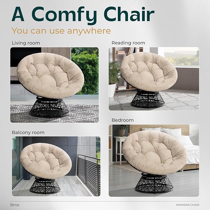Bme 40" Ergonomic Wicker Papasan Chair with Soft Thick Cushion & Frame, 360° Swivel, Circle, Reading, Comfy Chair for Living Room, Bedroom