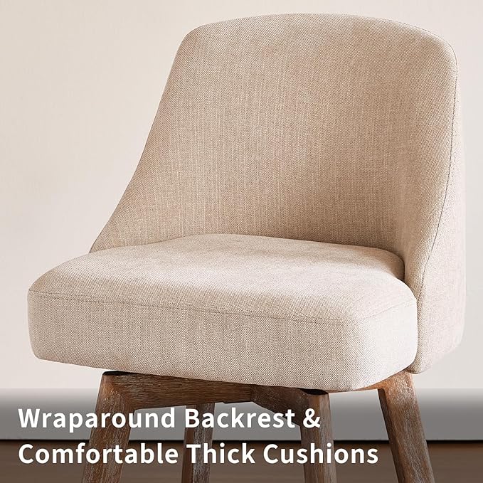 IWOOD Mid Century Modern Counter Height Bar Stools Set of 4,360° Swivel Barstools with Solid Wood Legs,26'' Island Chairs with Wrap-Around Backrest，Sand Linen Comfort Fabric