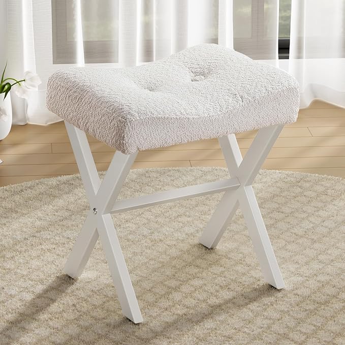 18-Inch Vanity Stool Chair, Vanity Bench with Metal X-Legs, Ottoman Accent Stool with Breathable and Soft Boucle Fabric Saddle Seat, White