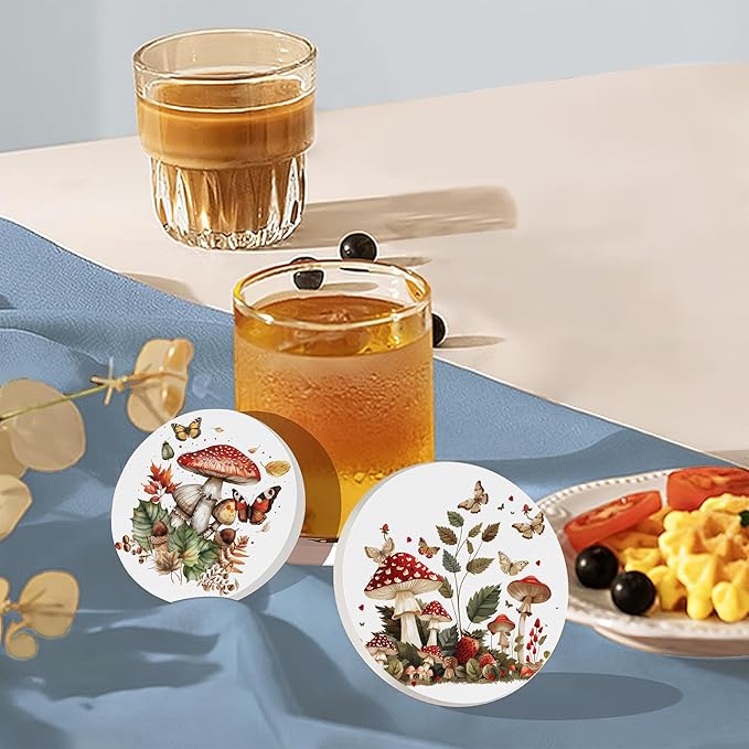 Drink Coasters Set of 6 with Holder, Mushroom Butterfly Absorbent Ceramic Drink Coaster for Tabletop Protection,Suitable for Kinds of Cups,Drinks Coasters for Home Office Decoration(4 Inches)