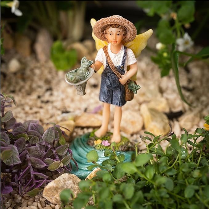 PRETMANNS Fairies for Fairy Garden - Fishing Boy Figurines – Accessories for Indoor or Outdoor Miniature Garden – 2-Piece Set