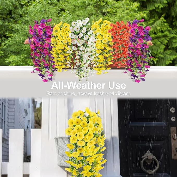 Artificial Flowers for Outdoors Decoration, 4Pcs Fake Hanging Flowers Morning Glory UV & Fading Resistant, Artificial Faux Plants Deocr for Home Porch Patio Balcony Planter Yard Garden Farmhouse