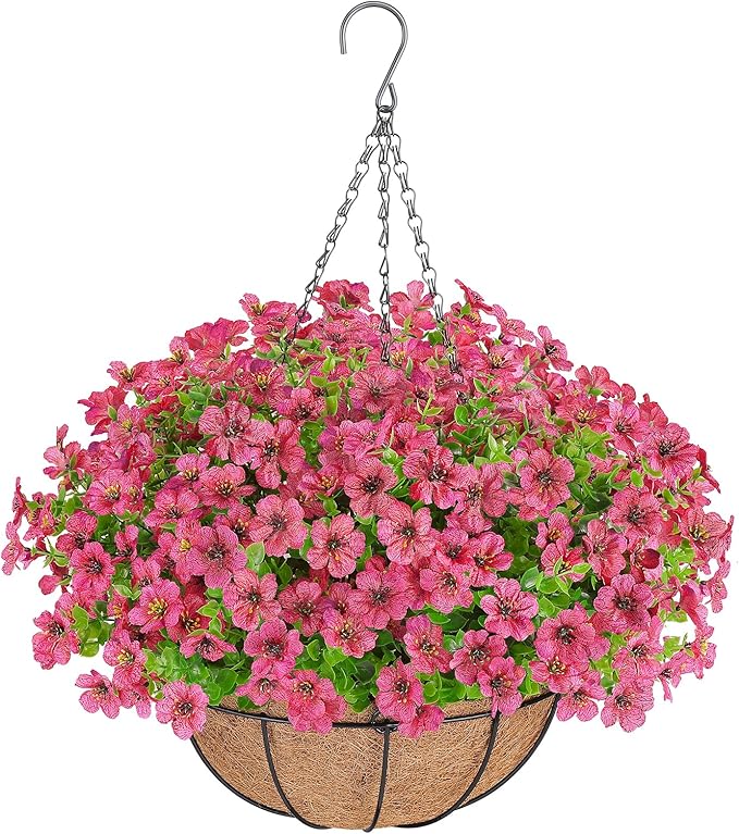 AGIRL Artificial Flowers Hanging Plants in Basket,Artificial Hanging Flowers for Outdoor Indoor Decor,UV Resistant Hanging Baskets with Fake Flowers for Patio Garden Porch Deck Decoration