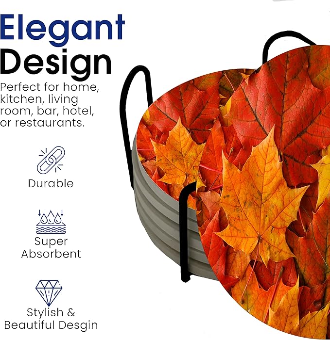 Fall Season Leaves Round Coasters Set of 6 - Abosrbent Ceramic Coasters with Metal Stand for Drinks, Coffee, Non-Slip Cork Back for Tabletop Protection, 4 Inches (Leaves)