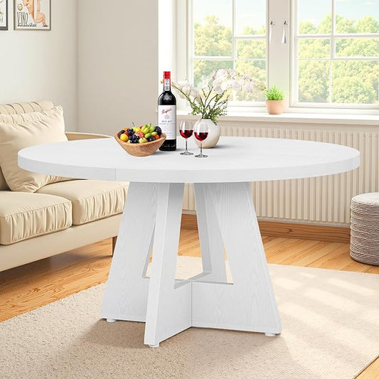 NicBex 47-Inch Round Dining Table for 4, Farmhouse Dinner Table Small Farmhouse Kitchen Tables with Wood Pedestal Base for Dining Room, Kitchen, Living Room, White