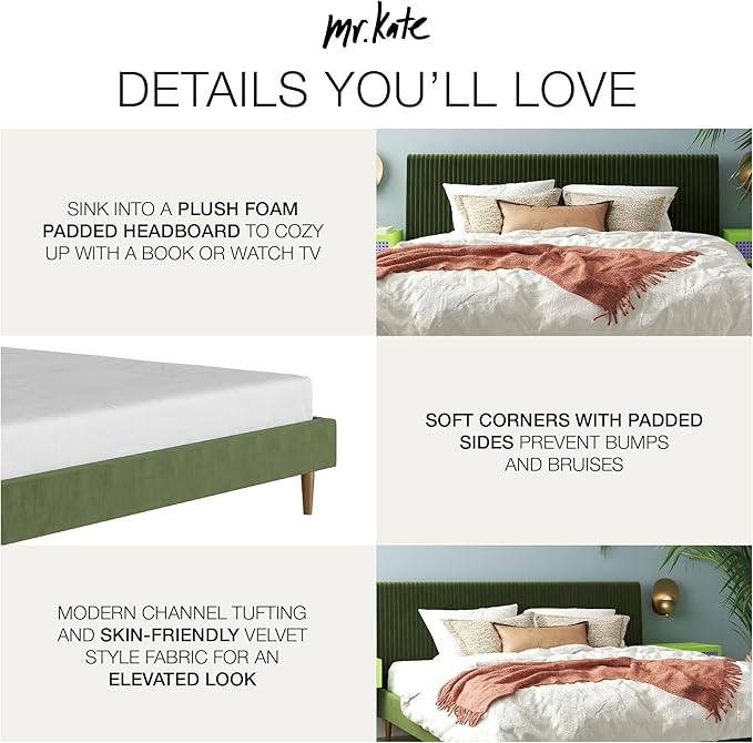 Mr. Kate Daphne Upholstered Bed with Vertical Channel Tufted Headboard, King, Olive Green Velvet
