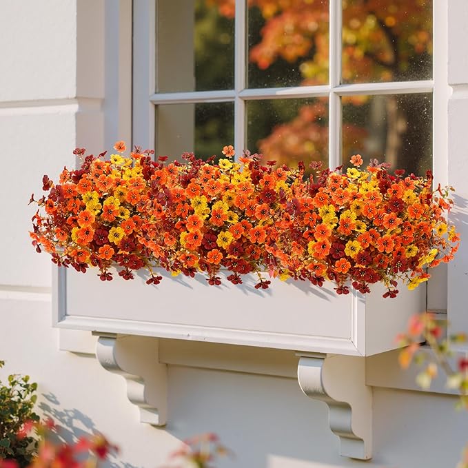 Artificial Mums Fall Fake Flowers for Outdoors, 12 Bundles Faux Mums for Outdoor Planters Autumn Decorations,UV Resistant Silk Flowers for Outside Front Porch Patio Home Decor(B-Orange Yellow Brown)