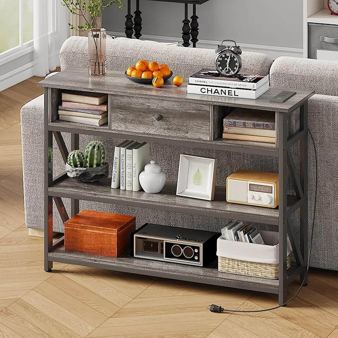 Mexin 39 Inch Console Table with 2 Outlet and 2 USB Ports, Entryway Table with Drawer and Storage Shelves, Narrow Sofa Table for Living Room and Hallway, Grey Oak