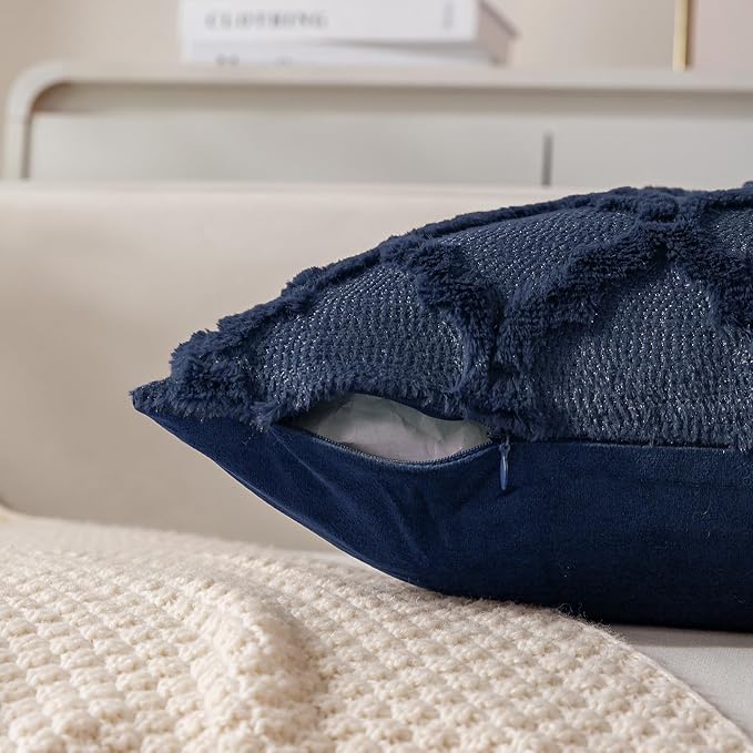 Set of 2 Soft Moroccan Throw Pillow Covers 20x20 Inch Plush Boho Decorative Pillow Cover Accent Cushion Case for Couch Sofa Bed, Navy Blue