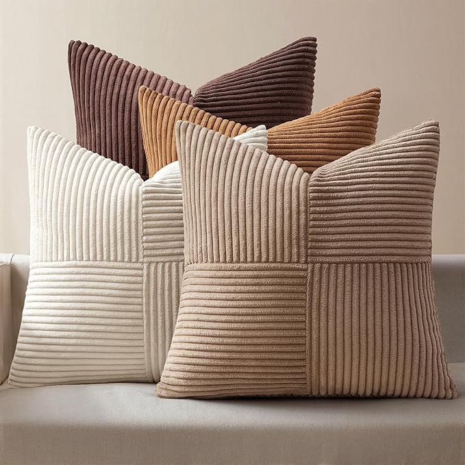 MIULEE Brown Throw Pillow Covers 18x18 Inch Set of 4 Boho Farmhouse Cushion Cases Neutral Gradient Corduroy Pillow Cases with Invisible Zipper Patchwork Home Decor for Couch Sofa Bed