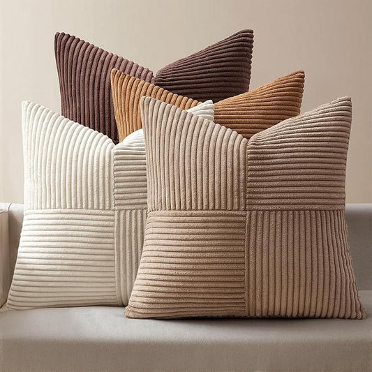 MIULEE Brown Throw Pillow Covers 18x18 Inch Set of 4 Boho Farmhouse Cushion Cases Neutral Gradient Corduroy Pillow Cases with Invisible Zipper Patchwork Home Decor for Couch Sofa Bed