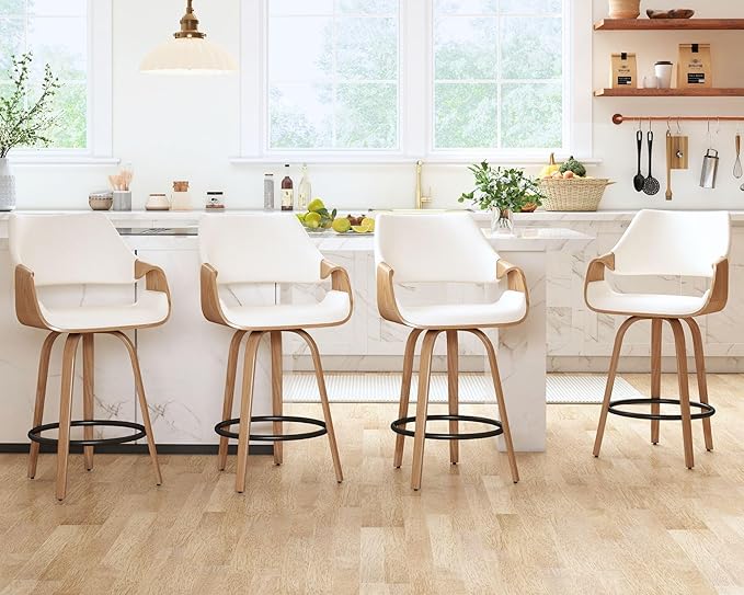 26 Inch Modern Barrel Swivel Counter Stools Counter Height Swivel Bar Stools with Backs Set of 6, Cream Linen Upholstered Bar Height Island Chairs, Farmhouse Solid Wood Barstools for Kitchen Island