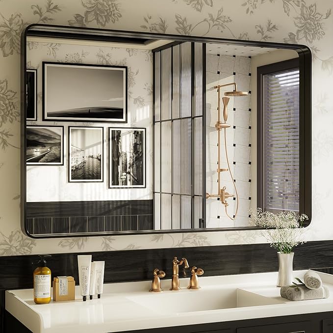 ISKM 48x30 Inch Black Metal Framed Bathroom Mirror for Wall Rectangle Mirror for Vanity Anti-Rust Tempered Glass Decorative (Horizontal/Vertical)