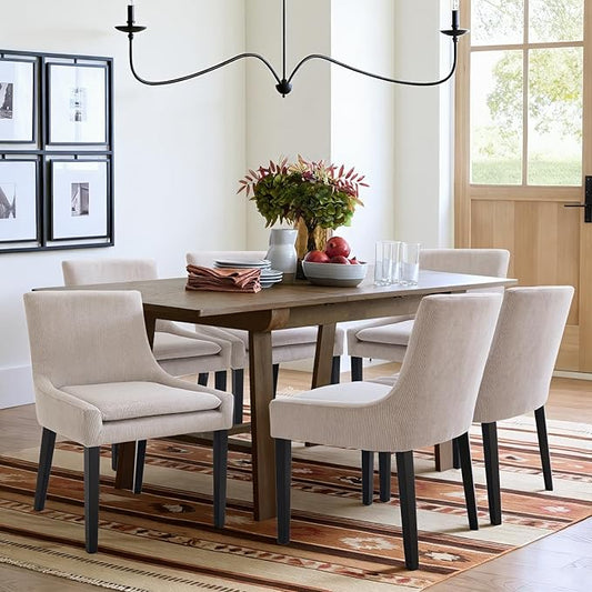 Modern Dining Chairs Set of 6, Upholstered Corduroy Dining Room Chairs with Wood Legs, Mid-Back Padded Kitchen Side Chairs for Dining Room, Beige