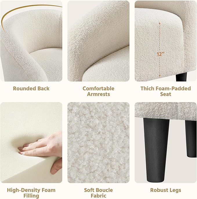 Yaheetech Accent Barrel Chair, Boucle Fabric Club Chair, Furry Sherpa Elegant Armchair with Cozy Soft Padded, Suitable for Living Room Bedroom Reception Room Office, Ivory
