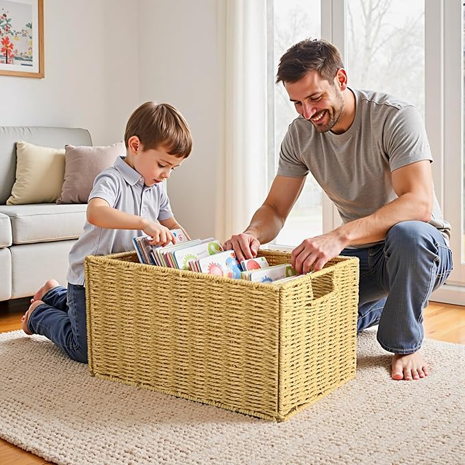 Collapsible Storage Basket 2 pcs, storage boxes for shelves, With Insertion Handle,15 * 8.6 * 10 In Hand-Woven Seagrass Storage Basket, Suitable for Bedroom Storage and Other Scenarios