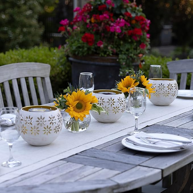 5.4" (2-Pack) Outdoor Waterproof Solar Lanterns - Metal Porch Lights with Flickering Flame for Tabletop, Patio, Garden & Landscape Décor (White)