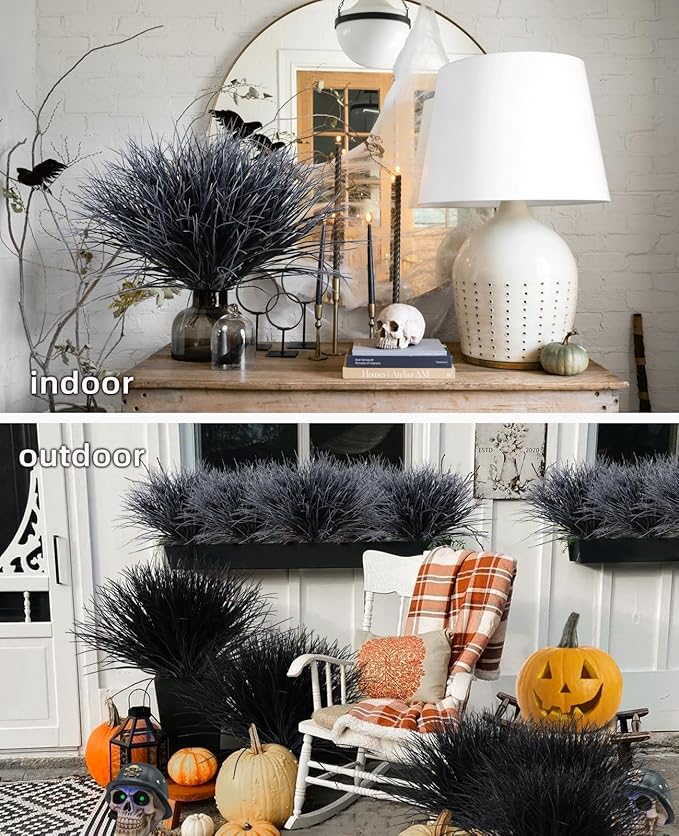 Black and White Plants Halloween Faux Flowers,Artificial Onion Grass Fake UV Resistant Outdoor Shrubs Plants Flowers Greenery Stems Faux Wheat Grass for Garden Home Window Box Porch Decor(Black White)