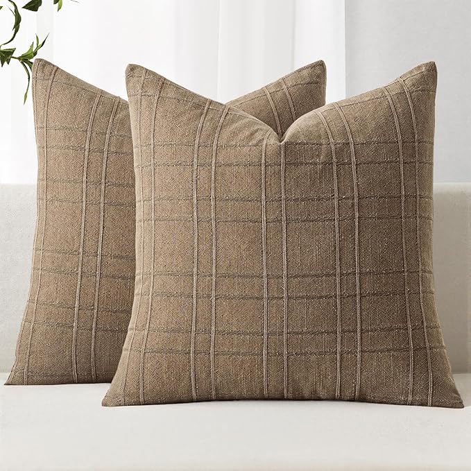 MIULEE Decorative Linen Check Euro Shams Throw Pillow Covers Neutral Farmhouse Vintage Pillow Covers 24x24 Set of 2 Boho Modern Winter Home Decor for Sofa Couch Bedroom Cushion Light Brown