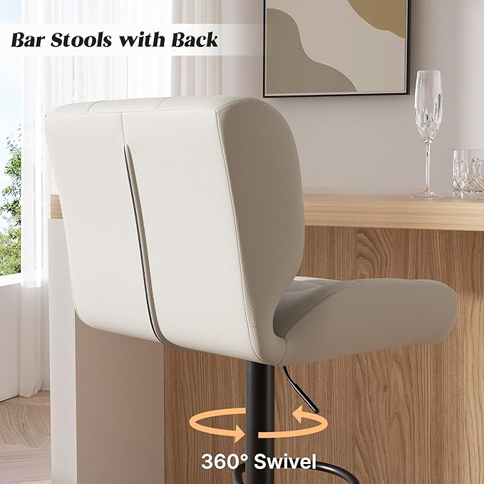 Modern Bar Stools Set of 2, Faux Leather Upholstered Swivel Bar Stools, Adjustable Counter Height Bar Chairs with High Back and Footrest for Kitchen Island (Beige)
