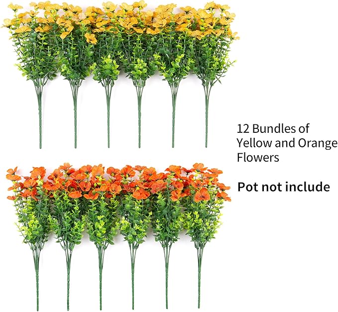 Fall Mums Artificial Flowers for Outdoors Potted, 12 Bundles Fake Fall Daisy Flower with Realistic Eucalyptus Leaves, Fake Plants for Greenery Boxwood Porch Patio Garden Pot Lawn(Yellow Orange)