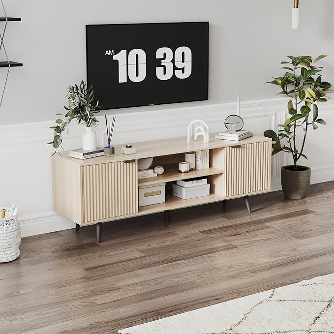 Modern TV Stand with Storage Cabinet, Wood Fashionable TV Cabinet with Waveform Panel and Adjustable Shelf, Entertainment Center TV Stand for TV, Living Room (Cream Yellow Wood Grain)