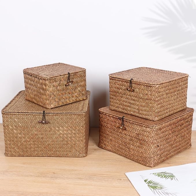 Wicker Shelf Baskets with Lid, Handwoven Seagrass Storage Basket Bins Square Gift Boxes for Shelves Home Decor Organizer (Coffee, X-Small)