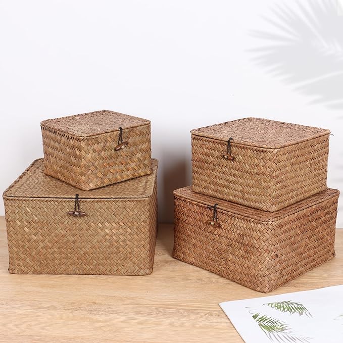 Wicker Shelf Baskets with Lid, Handwoven Seagrass Storage Basket Bins Square Gift Boxes for Shelves Home Decor Organizer (Coffee, Medium)