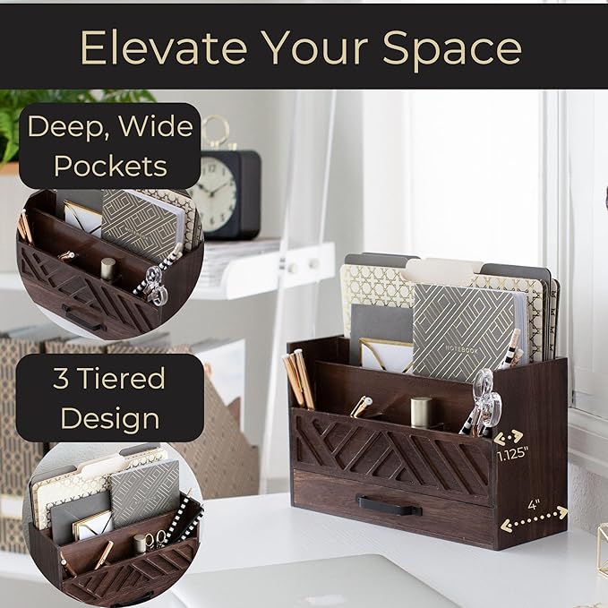 BLU MONACO Mail Organizer for Desk – Brown Wooden Mail Sorter with Drawer and 6 Compartments – Rustic Letter Organizer with Black Handle – Desktop File Holder for Home Office, Entryway, or Kitchen