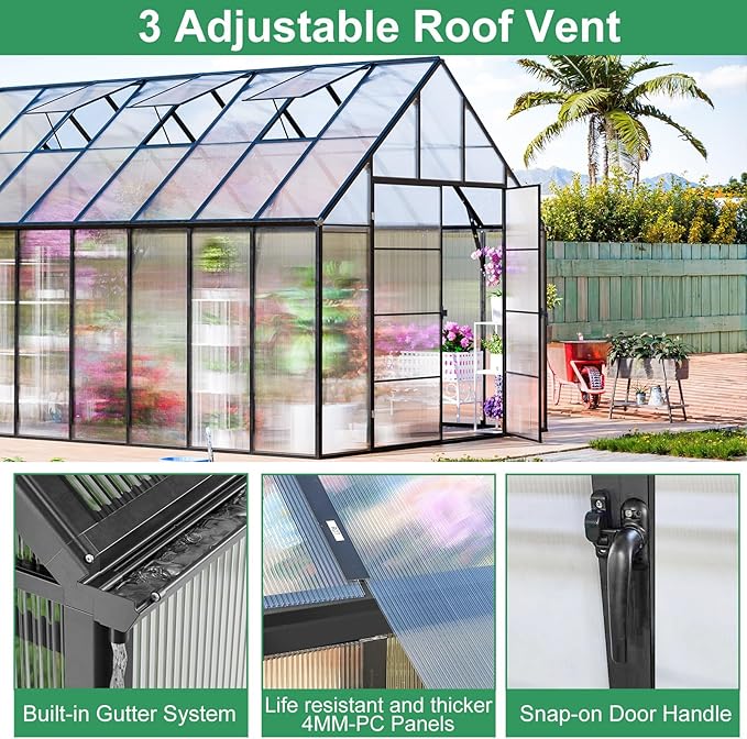 CDCASA 10x16x10 FT Greenhouse for Outdoors, Large Thicker Aluminum Polycarbonate Greenhouses w/3 Vents Window, Swing Door & Quickly T Connector Walk-in Green House for Outside, Backyard, Garden