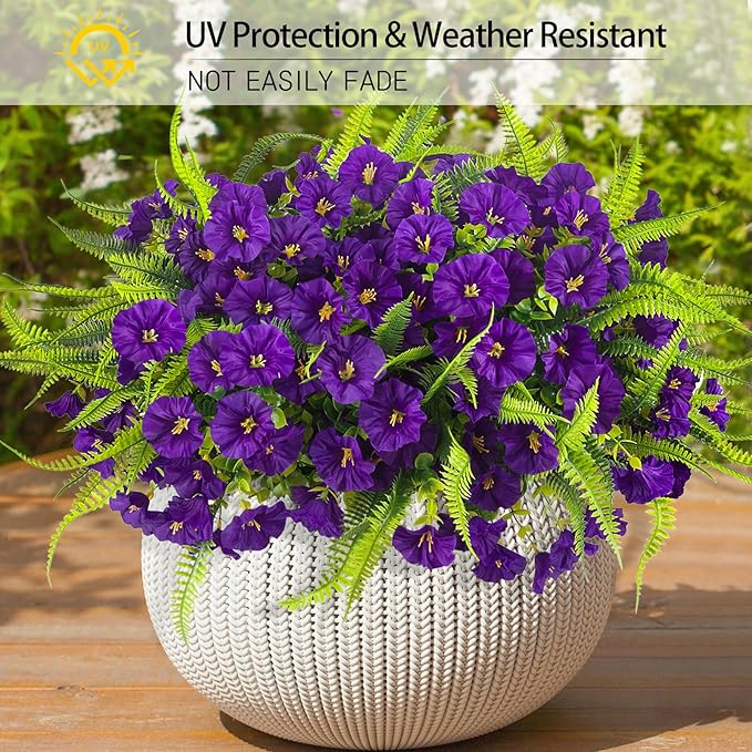 Artificial Flowers Outdoors 12 Bundles Artificial Petunias Fake Flowers UV Resistant Shrubs Plants with Fern for Indoor Outside Hanging Planters Home Garden Summer Decorations (Purple)