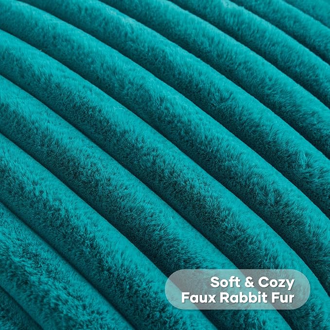 FUTEI Teal Green Striped Decorative Throw Pillow Covers 22x22 Inch Set of 2,Square Fall Decorations Couch Pillow Case,Soft Cozy Faux Rabbit Fur & Velvet Back,Modern Home Decor for Bed