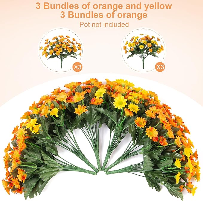 Fake Mums Fall Artificial Flowers for Outdoor Decoration, 6 Bundles Faux Silk Daisy Flowers Realistic UV Resistant No Fade Fall Fake Plants for Home Patio Porch Garden Window Box Decor(Yellow Orange)
