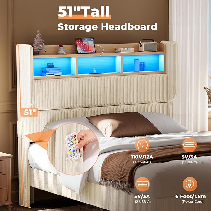 Full Size Bed Frame with 51" Tall Corduroy Wingback Headboard and Storage Shelf, Upholstered Platform Bed with LED Lights & Charging Station, No Box Spring Needed, Easy Assembly, Cream