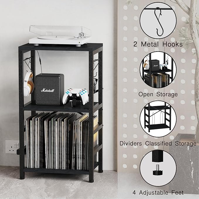 End Table with LED Light,Record Player Stand with Albums Storage,Vinyl Records Storage,Turntable Stand Side Table for Music Room Studio Living Room Bedroom-Modern Black
