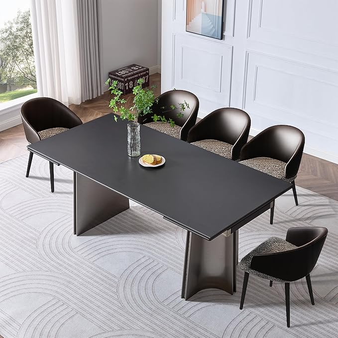 Extendable Dining Table for 8-12 Seat, Flexible Stretch, Tabletop Made from Rock Plate and Tempered Glass, Stable Stainless Steel Brushed Table Legs, 35.4"D x 106.3"W x 30.7"H, Pure Black