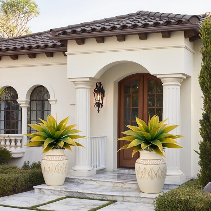 Artificial Plants Outdoors Faux Agave Fake Greenery Outdoor Artificial Plant 28" Fake Plant for Indoor Home Decor Plastic Plant Outdoor Decor Front Porch Decor Faux Cactus(Yellow 2Pcs)No Vase