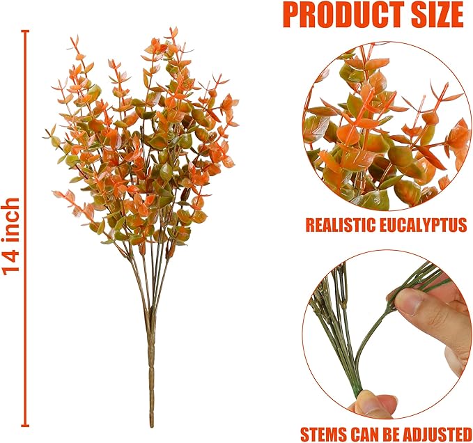 Sggvecsy 12 Bundles Artificial Eucalyptus Fall Plant Fake Bushes Boxwood Shrubs Outdoor Greenery UV Resistant Plants Faux Plastic Plants for Home Garden Indoor Fall Thanksgiving Autumn Decor(Fall)