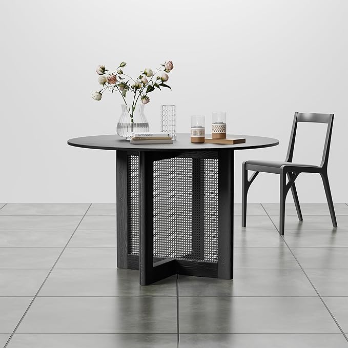 Casaphoria 46" Dining Table for 4, Wood Kitchen Table with Scratch-Resistant Top & Rattan Base, Modern Farmhouse Round Small Table for Living Room, Kitchen, Easy Assembly, Black (Chairs not Included)