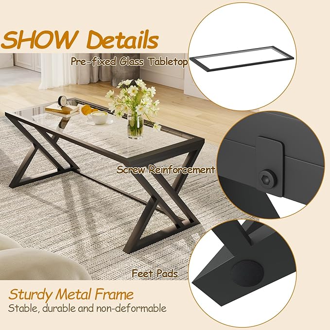 Coffee Table Black Glass Coffee Table for Living Room,Modern Rectangular Center Table with Sturdy Metal Frame,Tempered Glass Table Tea Tables for Bedroom Home Office
